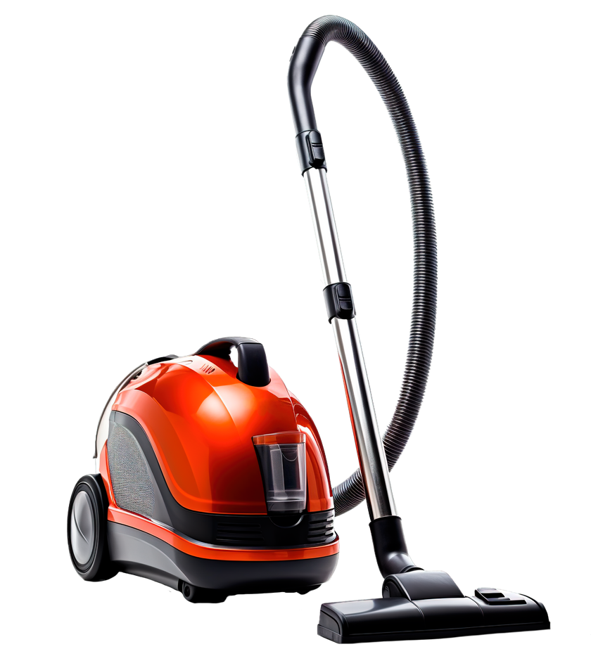 Un aspirateur rouge et noir avec un tube d'extension en métal et une buse pour sols.