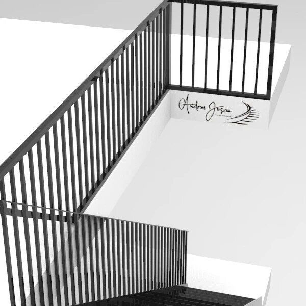 Un modelo 3D de una escalera de caracol con barandilla negra.