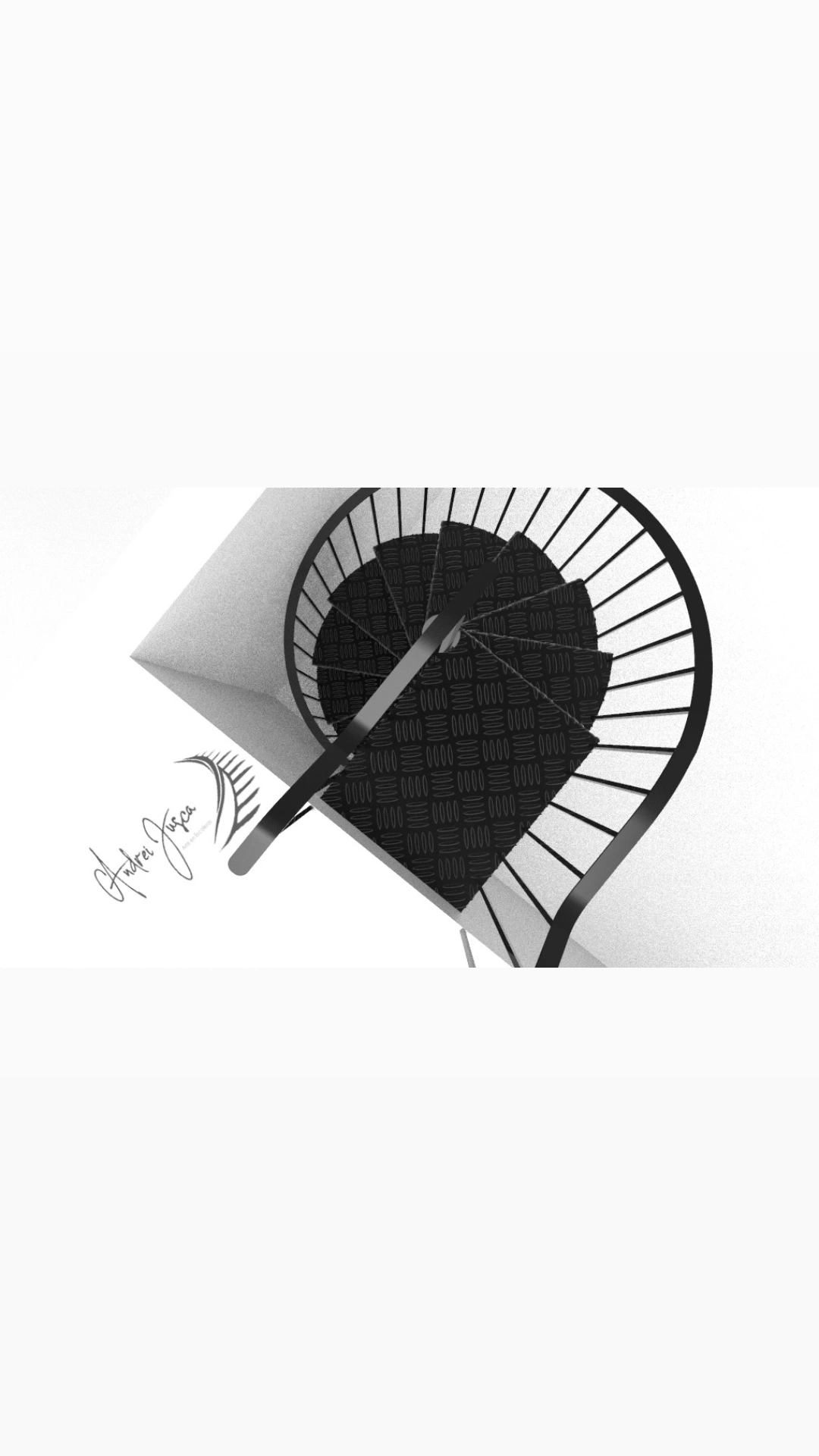 Una fotografía en blanco y negro de una escalera de caracol sobre un fondo blanco.