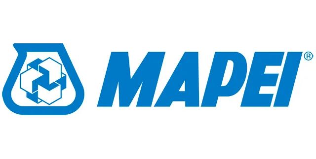 Un logotipo azul y blanco para mapei sobre un fondo blanco