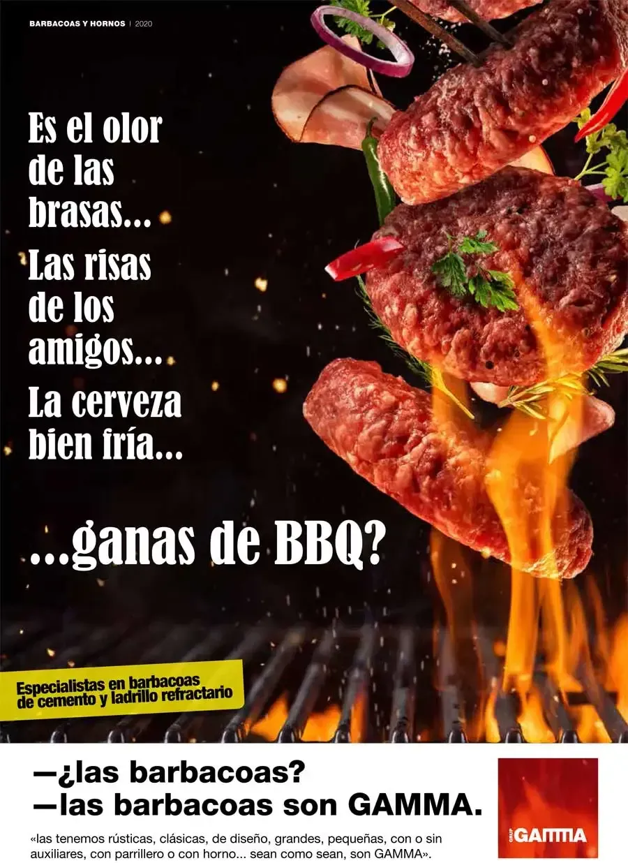Un anuncio de Gamma BBQ muestra un montón de carne en una parrilla.