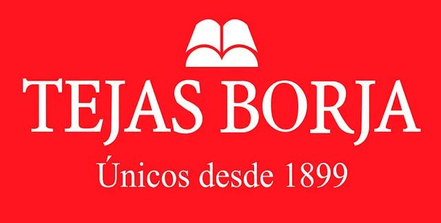 El logotipo de Tejas Borja está sobre un fondo rojo.