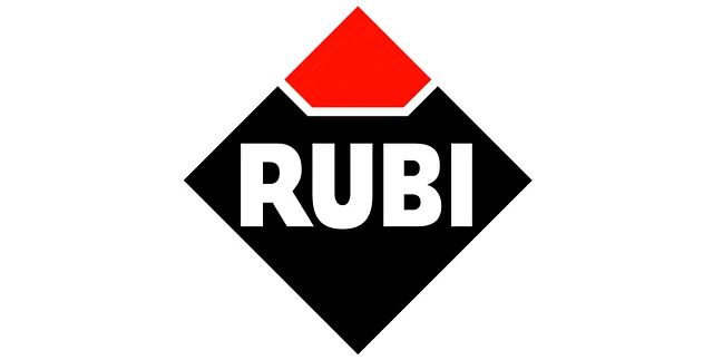 Un logotipo negro y rojo para baldosas Rubi