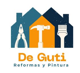 Logo de &ldquo;De Guti Reformas y Pintura&rdquo; con casa azul y herramientas de construcci&oacute;n en naranja y blanco