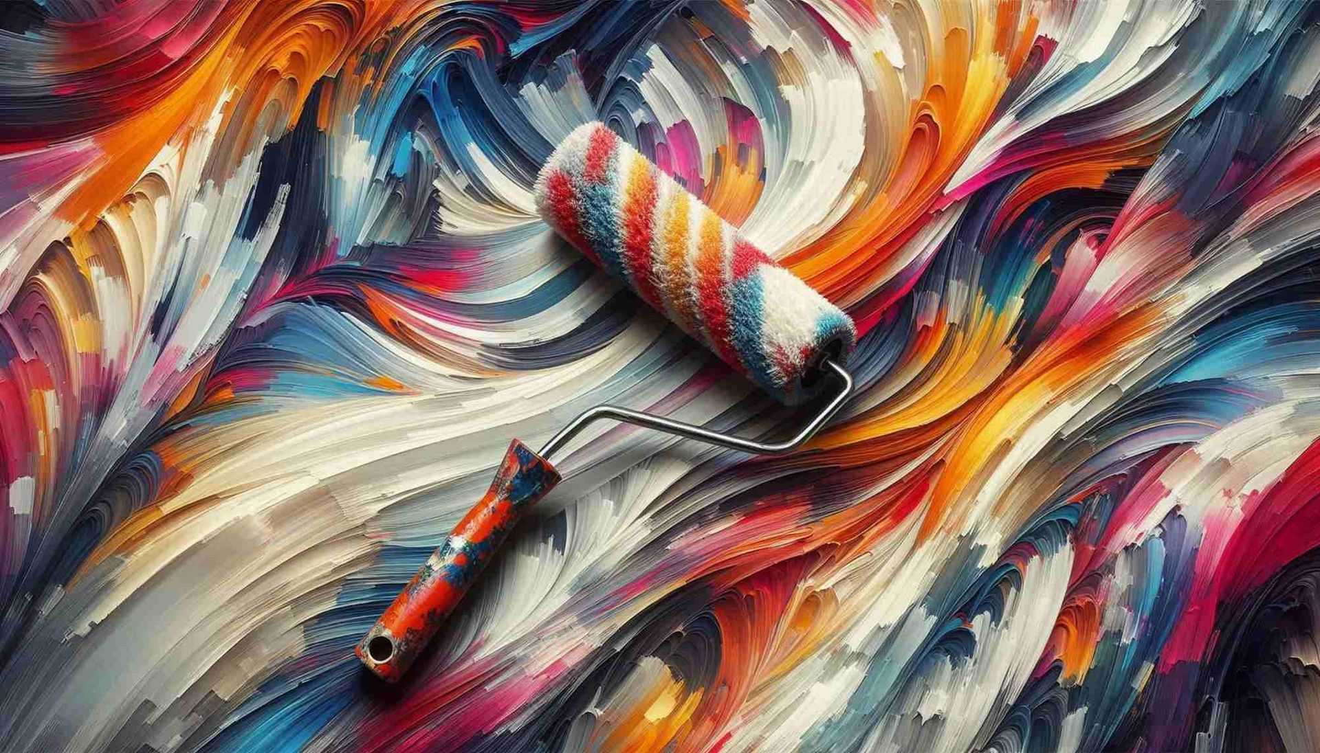 Remolinos de pintura abstractos y coloridos en rojo, naranja, azul y blanco con dos tubos de pintura.
