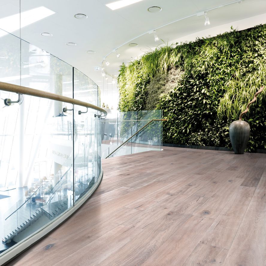 Ein Mann kniet auf einer Holzterrasse und schleift mit einer Schleifmaschine die Oberfläche, während Werkzeuge und Sonnenlicht den Arbeitsbereich beleuchten.