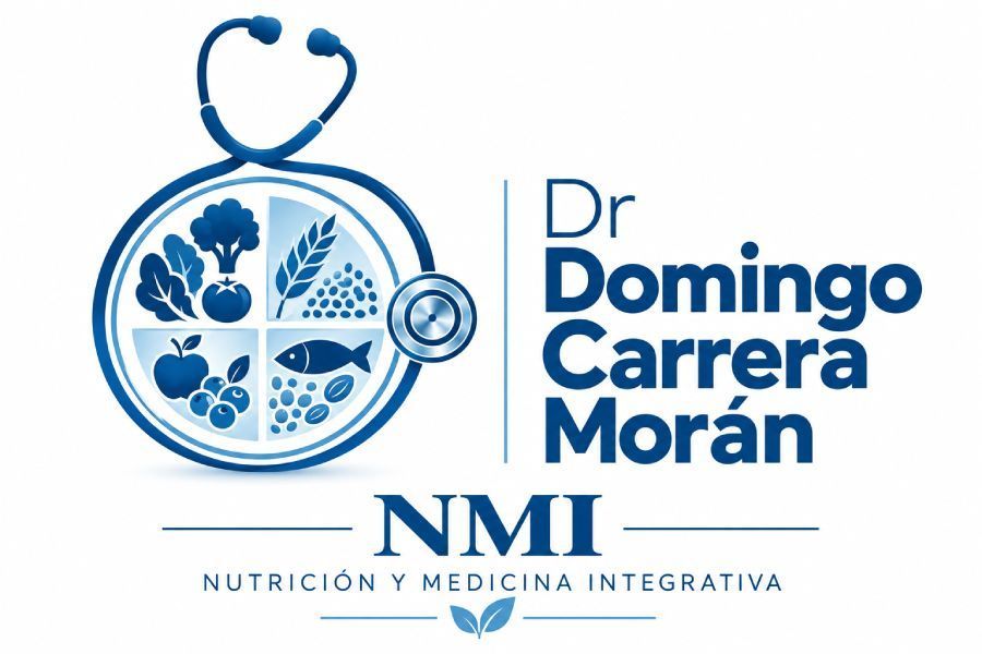 Logo de Dr. Domingo Carrera Morán, NMI Nutrición y Medicina Integrativa, en azul y blanco.