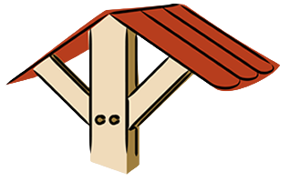 Vogelfutterhaus mit hellbraunem Holzrahmen und rotem Dach.