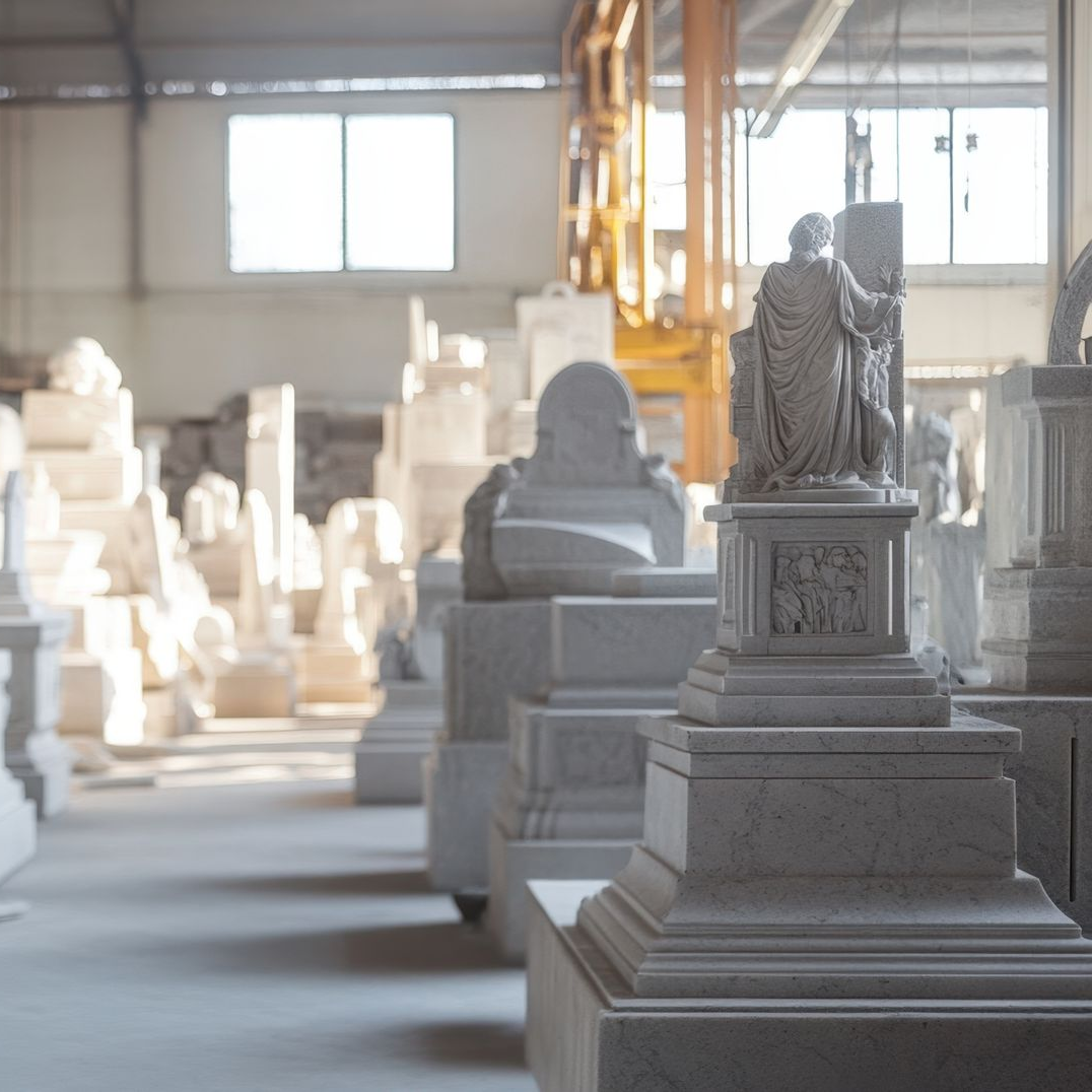 Des rangées de pierres tombales en marbre dans un atelier, une statue d'un personnage se dresse au premier plan.