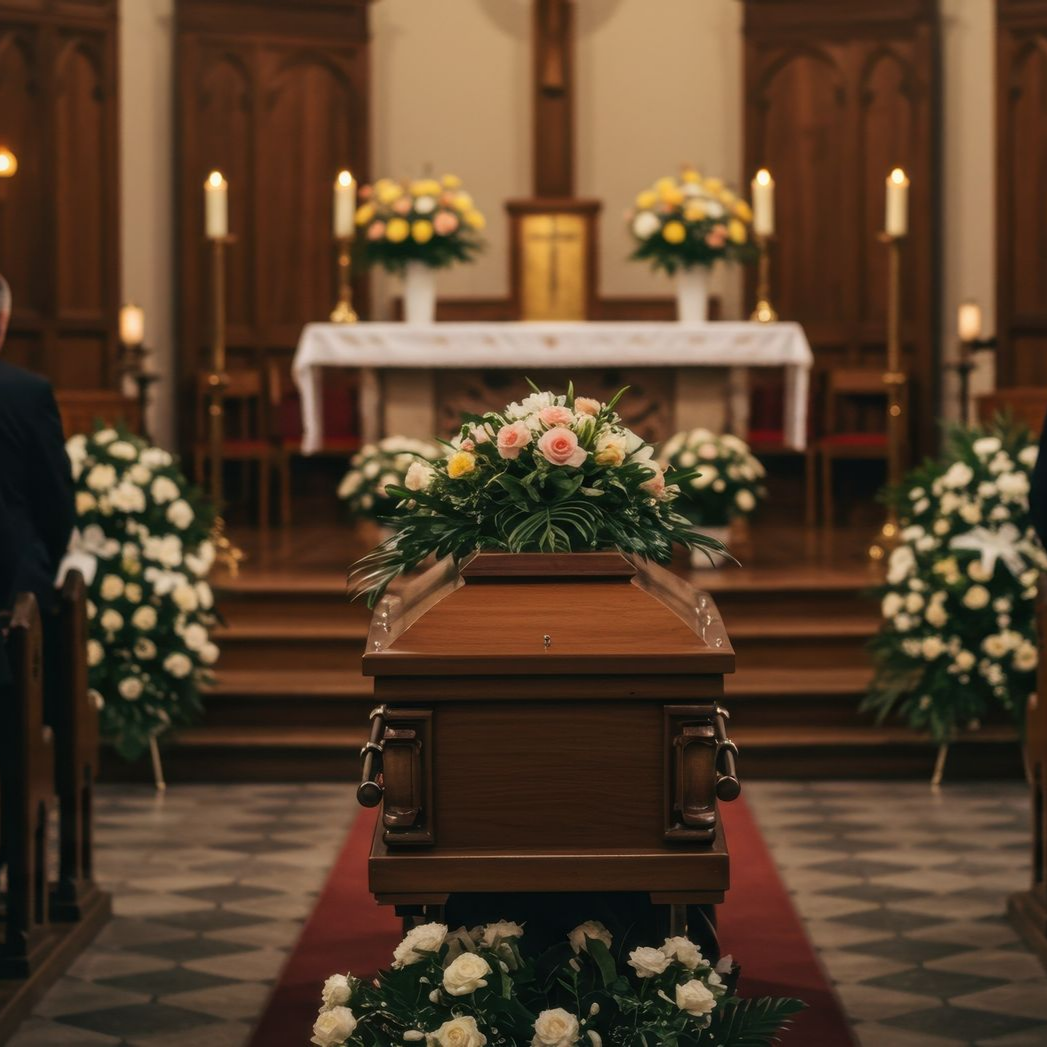 Cercueil avec composition florale lors d'une cérémonie funéraire dans une église.