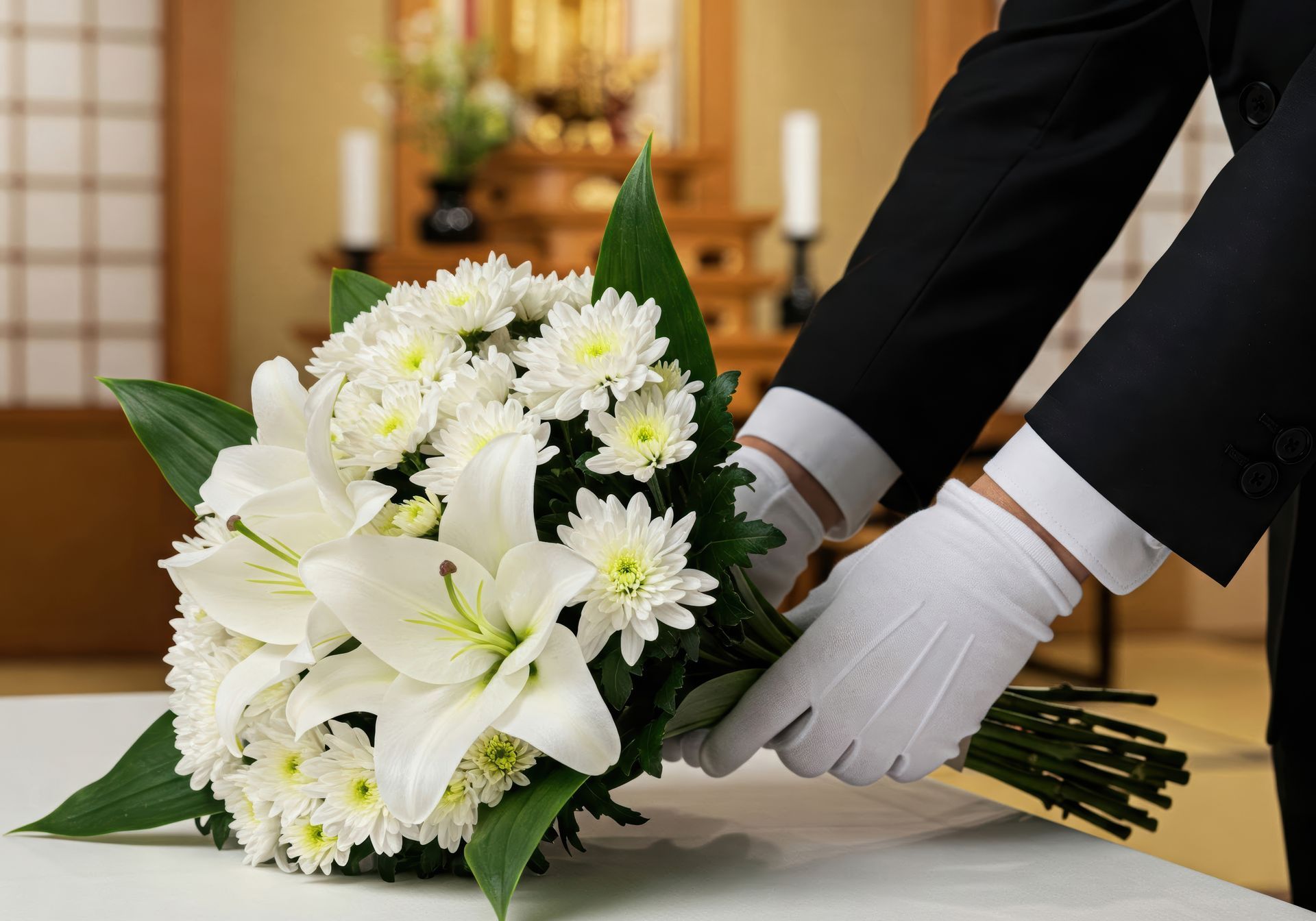 Homme qui pose un bouquet sur un cercueil