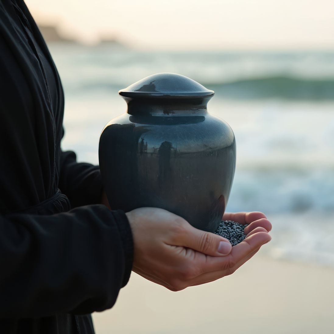 Femme qui tient un vase au bord de la mer