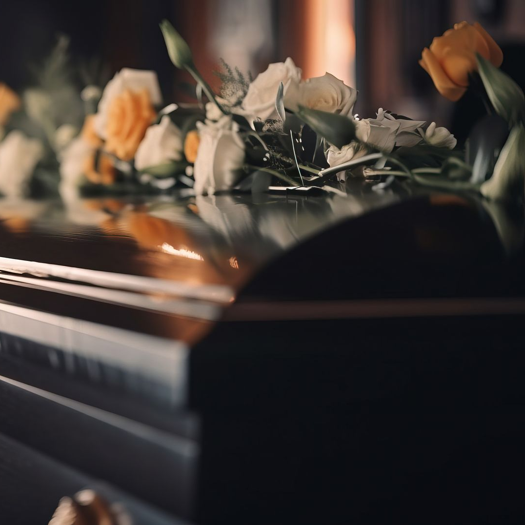 Cercueil noir avec un bouquet de roses jaunes et blanches, à l'intérieur, éclairage doux.