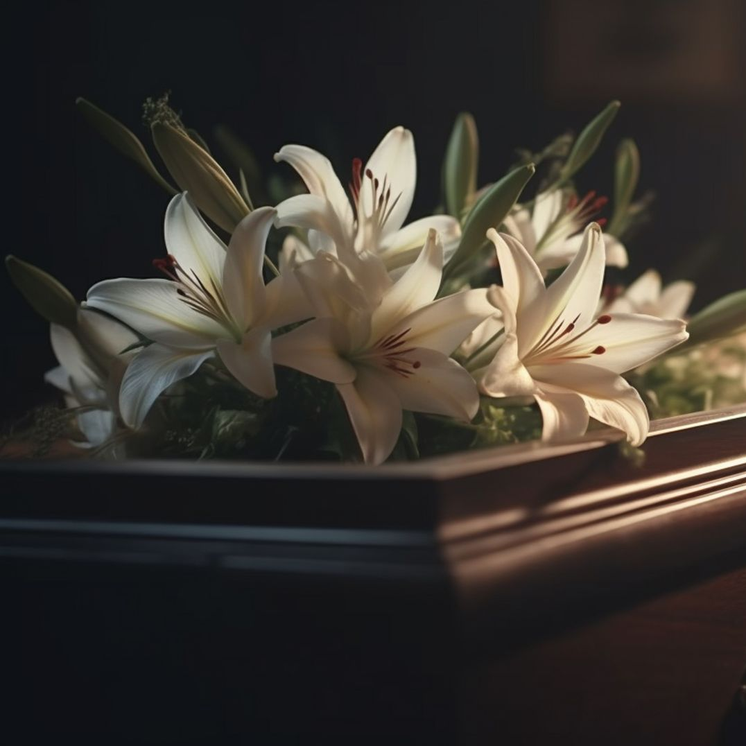 Un cercueil en bois au centre d'une église, entouré de fleurs, pour un service funéraire.
