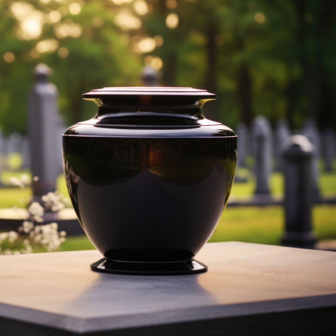 Urne noire sur une surface en pierre dans un cimetière avec des pierres tombales floues et des arbres en arrière-plan.