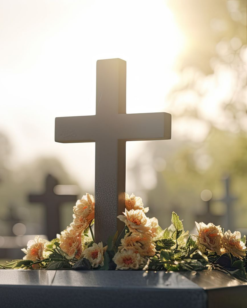 Tombe avec une croix et des fleurs