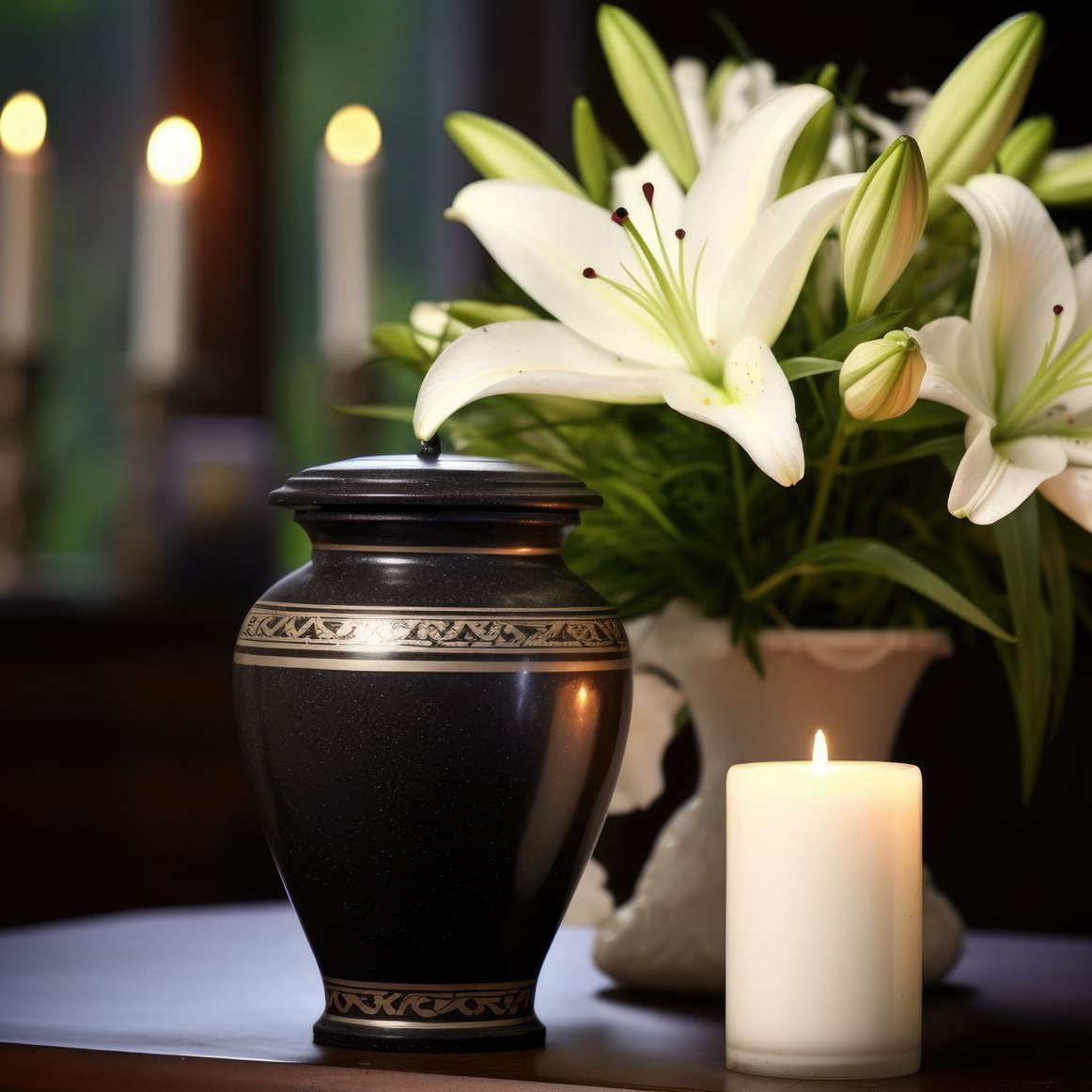Des lys blancs reposant sur une surface en bois sombre, peut-être un cercueil, avec un arrière-plan faiblement éclairé.