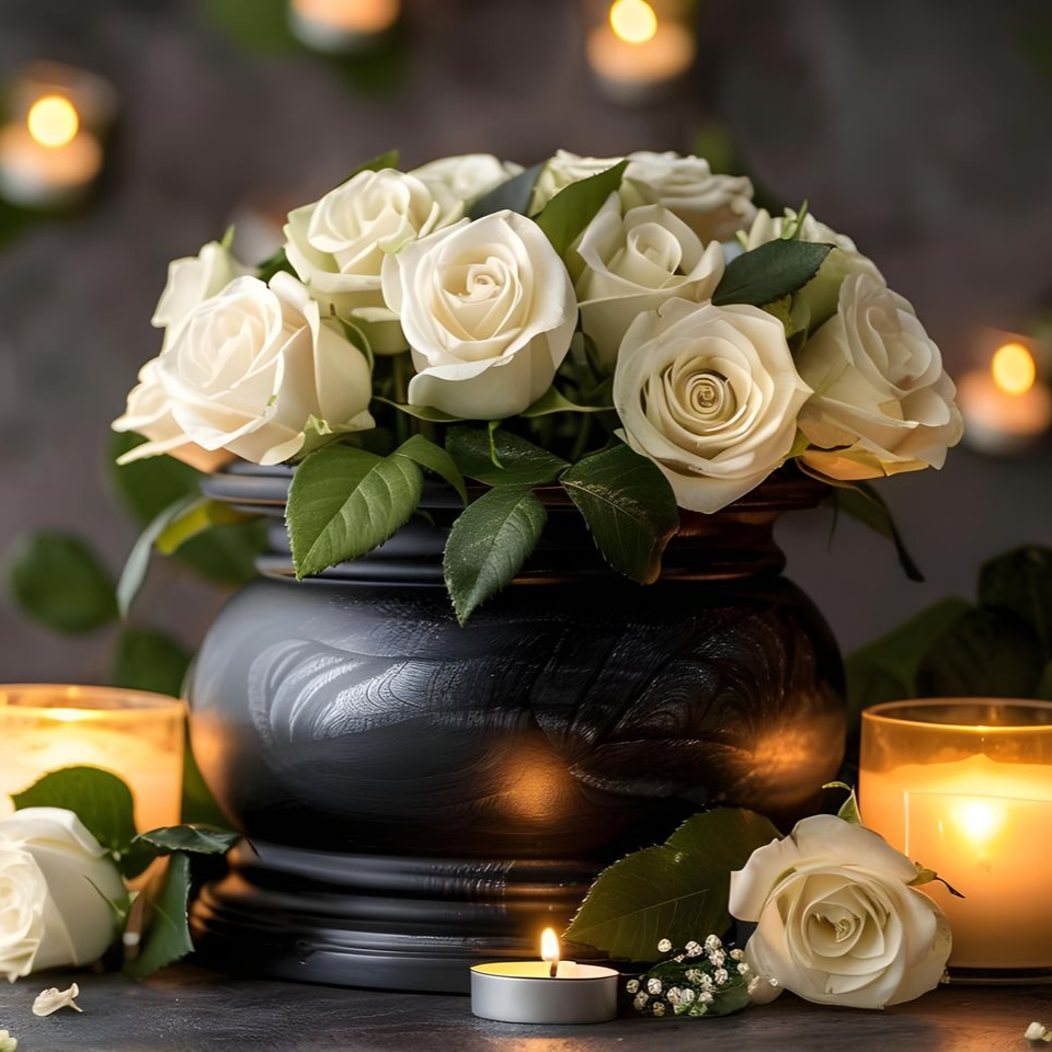 Urne remplie de fleurs blanches