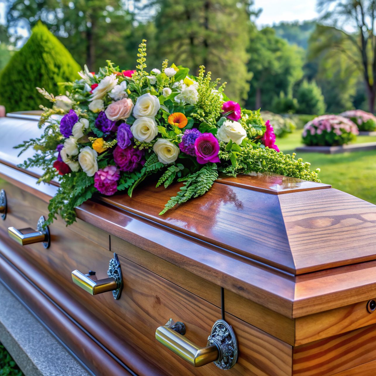 Cercueil en bois avec un bouquet de fleurs