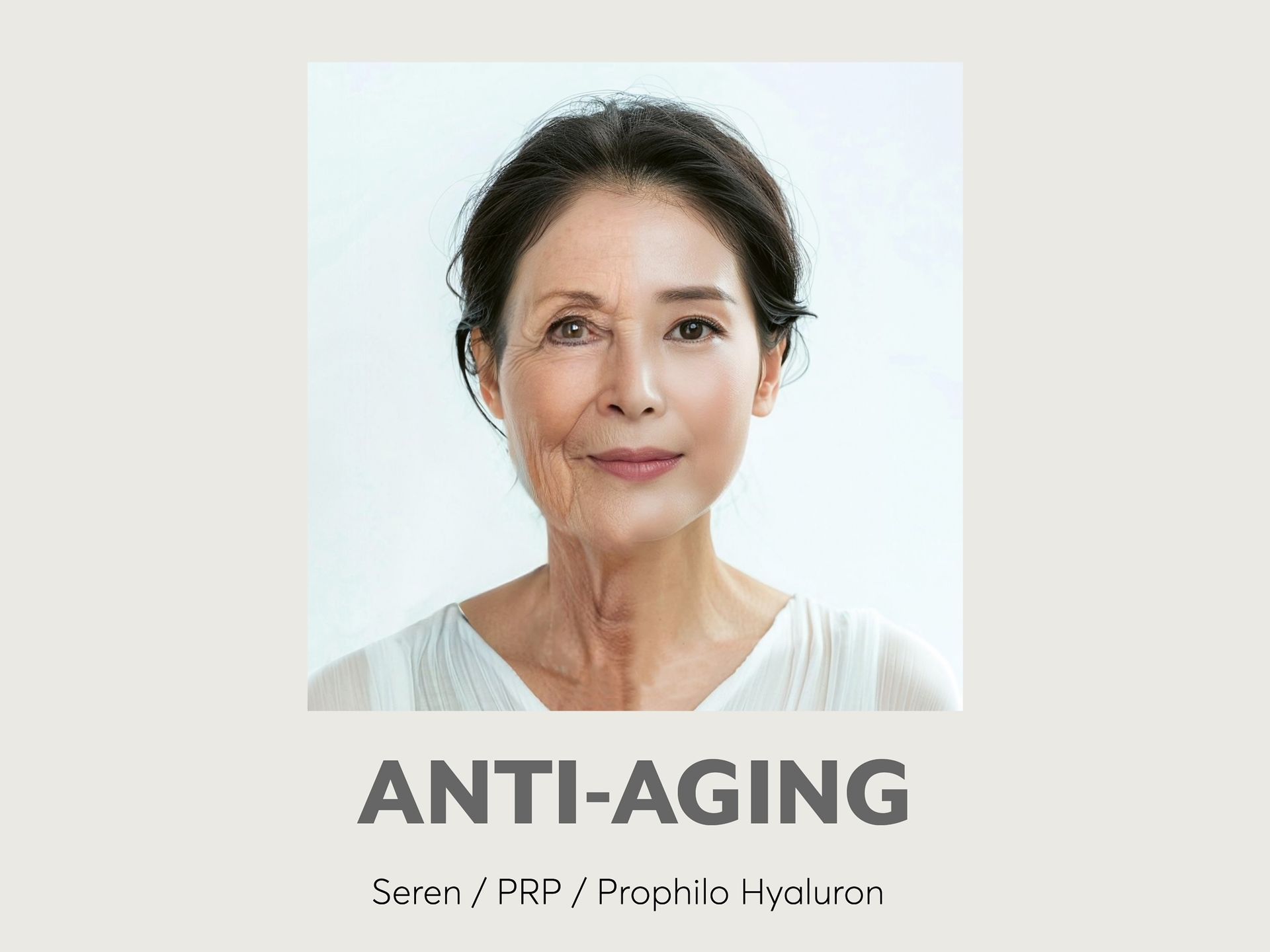 Eine Nahaufnahme des Gesichts einer Frau mit den Worten „Anti-Aging“ darunter.