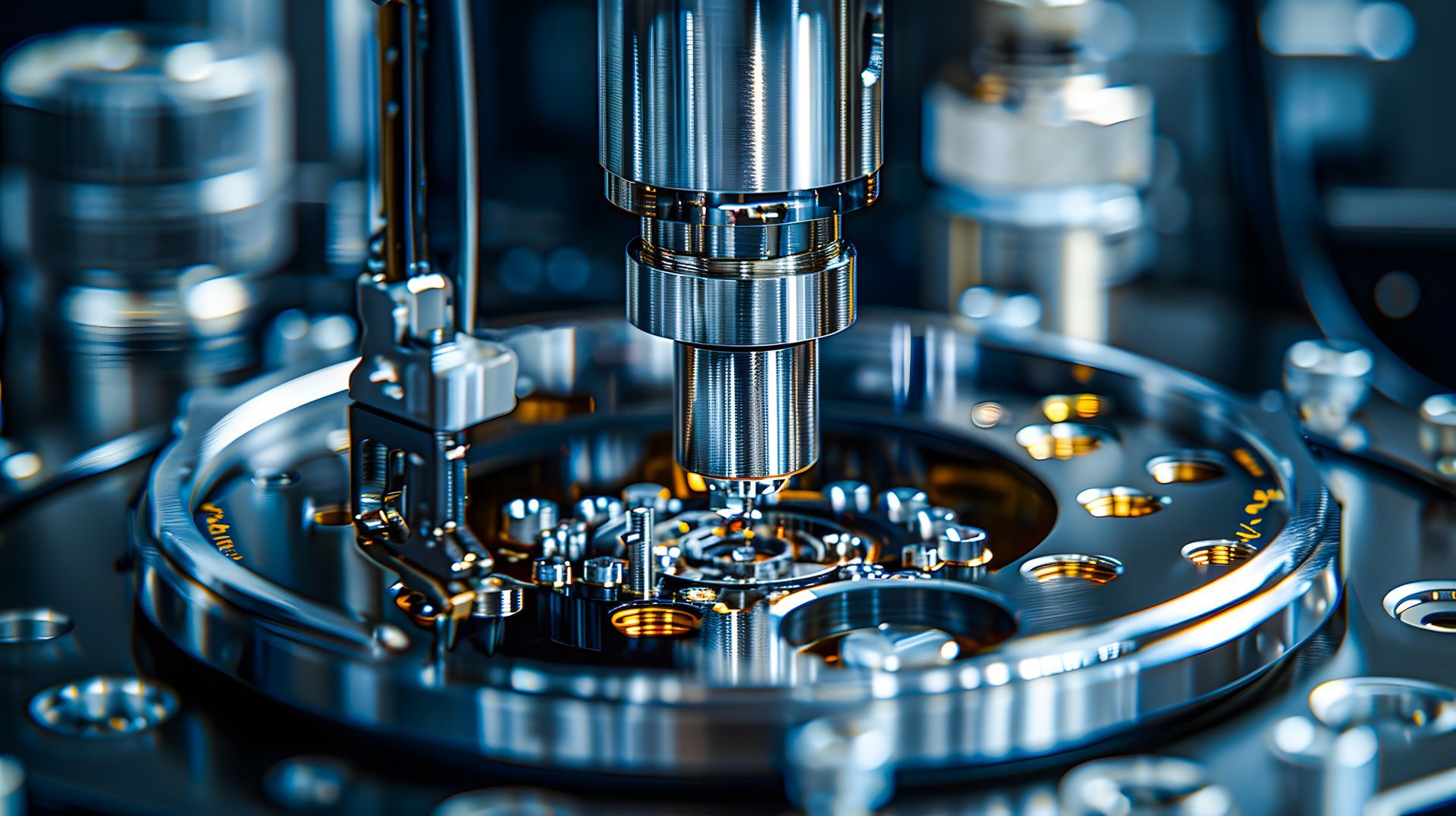 Gros plan sur des machines métalliques de précision assemblant de minuscules composants dans un environnement industriel.