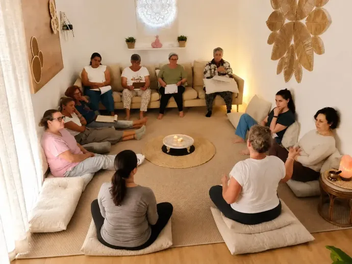 Personas sentadas en círculo sobre cojines en el suelo alrededor de una vela en el centro de una acogedora habitación