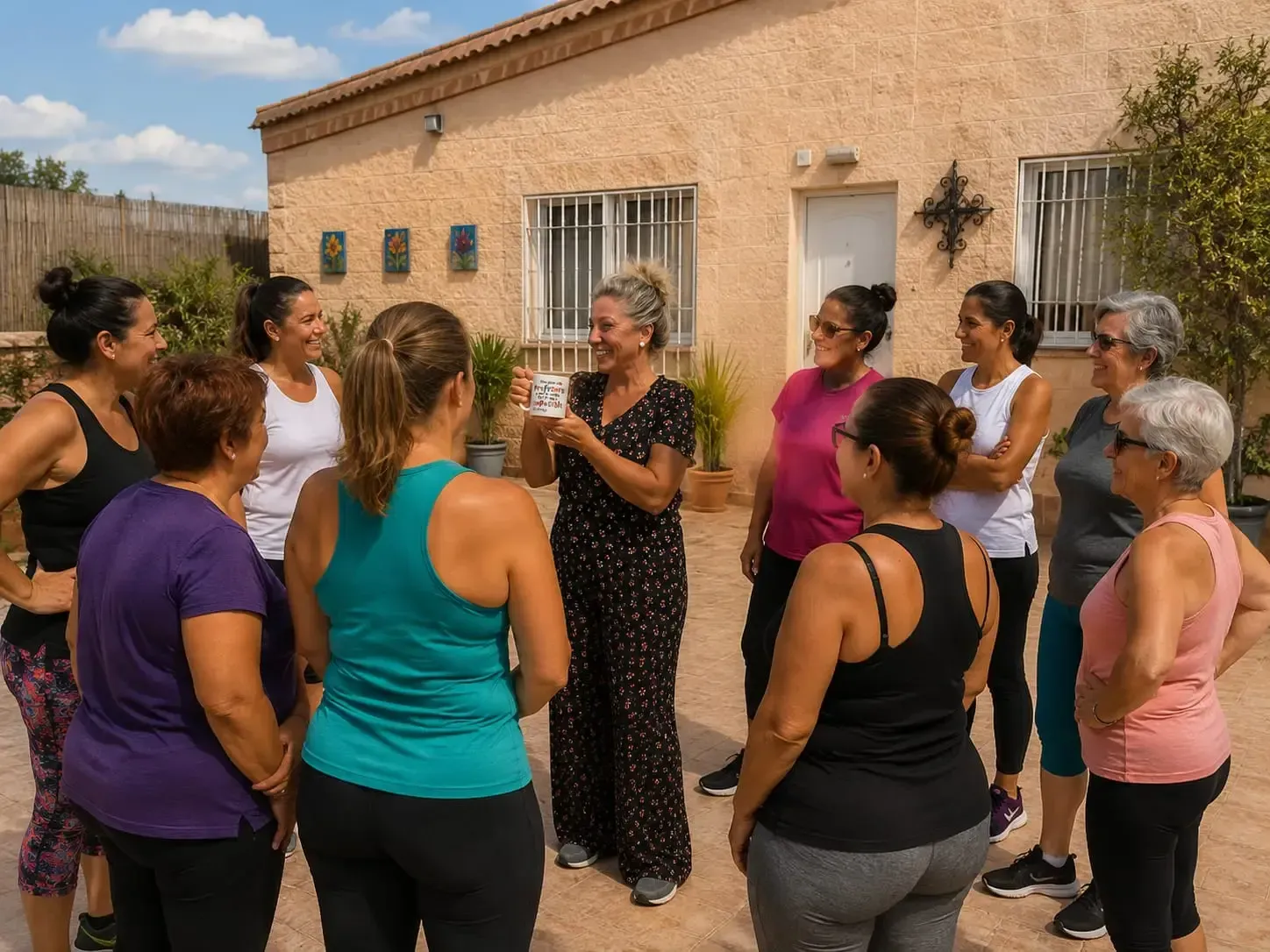 Un grupo de mujeres conversando al aire libre junto a una casa beige; algunas están de pie en círculo en un patio soleado.