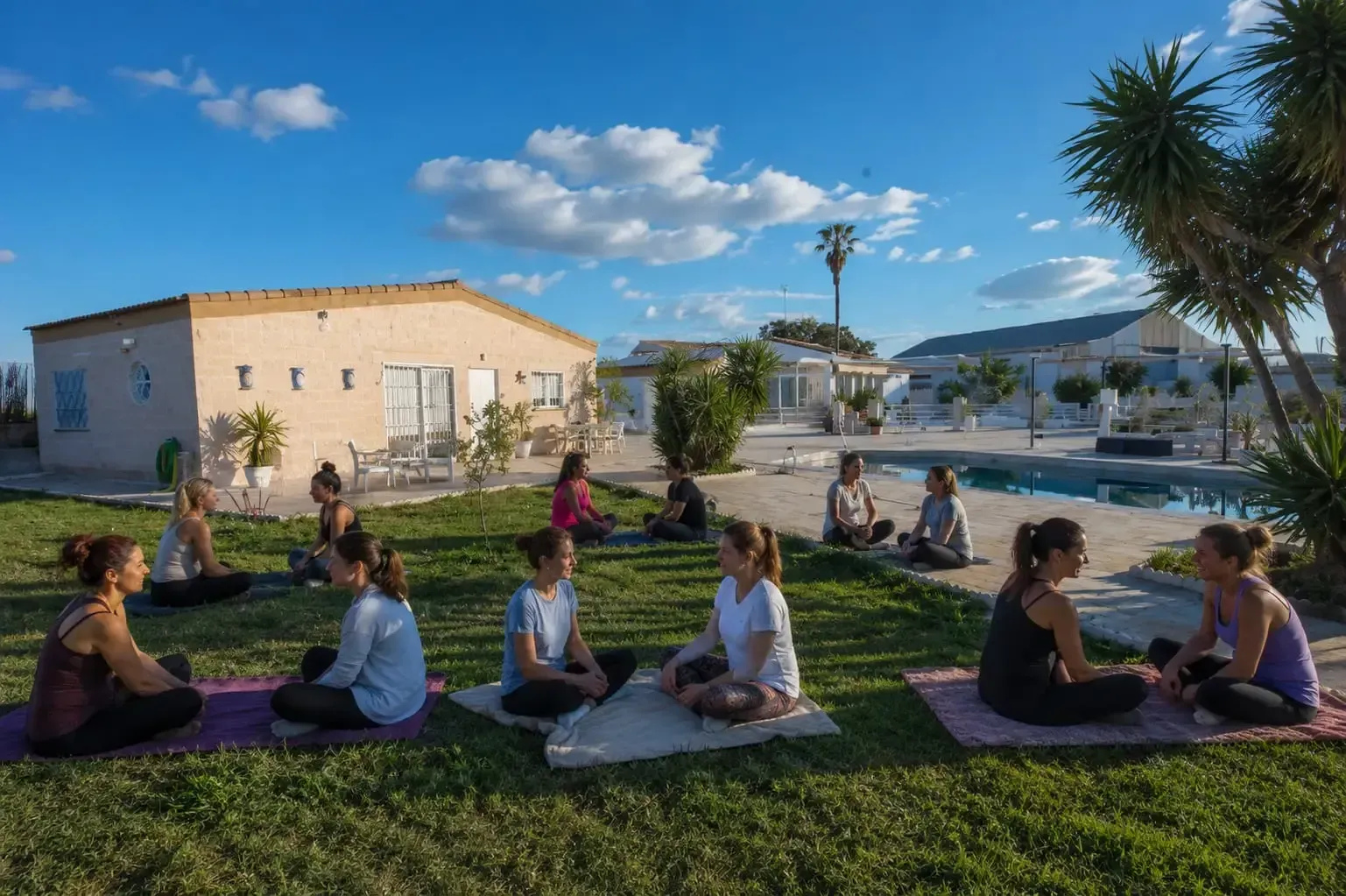 Personas haciendo yoga sobre esterillas en un jardín con césped junto a una piscina, con una casa bañada por el sol y un cielo azul.
