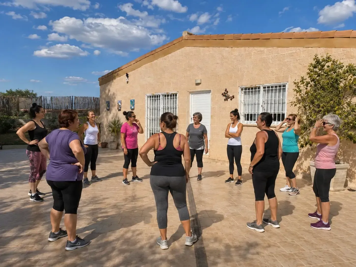 Personas estirando en una clase grupal de ejercicio al aire libre, junto a un edificio de estuco bajo un cielo azul