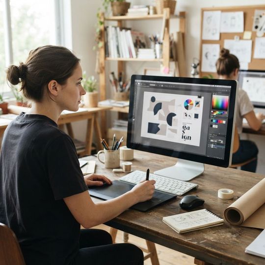 Espacio de trabajo con monitor mostrando un proyecto de diseño gráfico en progre