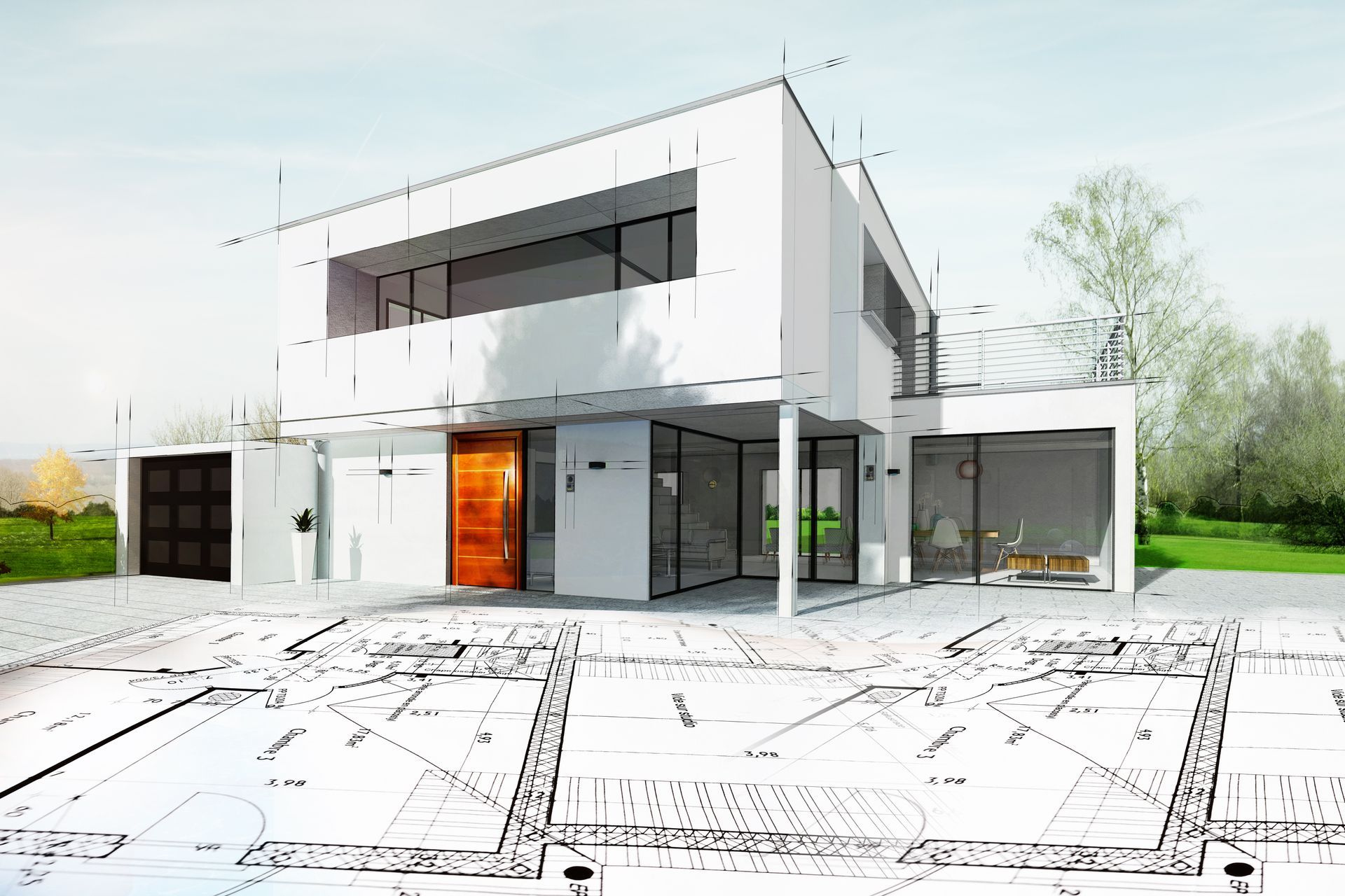 Maison blanche moderne avec de grandes fenêtres et un plan d'architecte au premier plan
