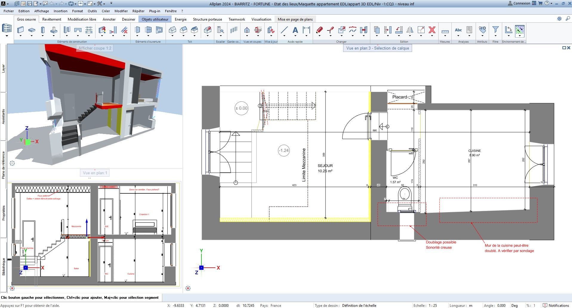 Plan d'architecture CAO montrant un plan d'étage, des vues en coupe et un modèle 3D avec des éléments gris, rouges et blancs