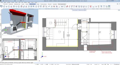Plan d'architecture CAO montrant un plan d'étage, des vues en coupe et un modèle 3D avec des éléments gris, rouges et blancs