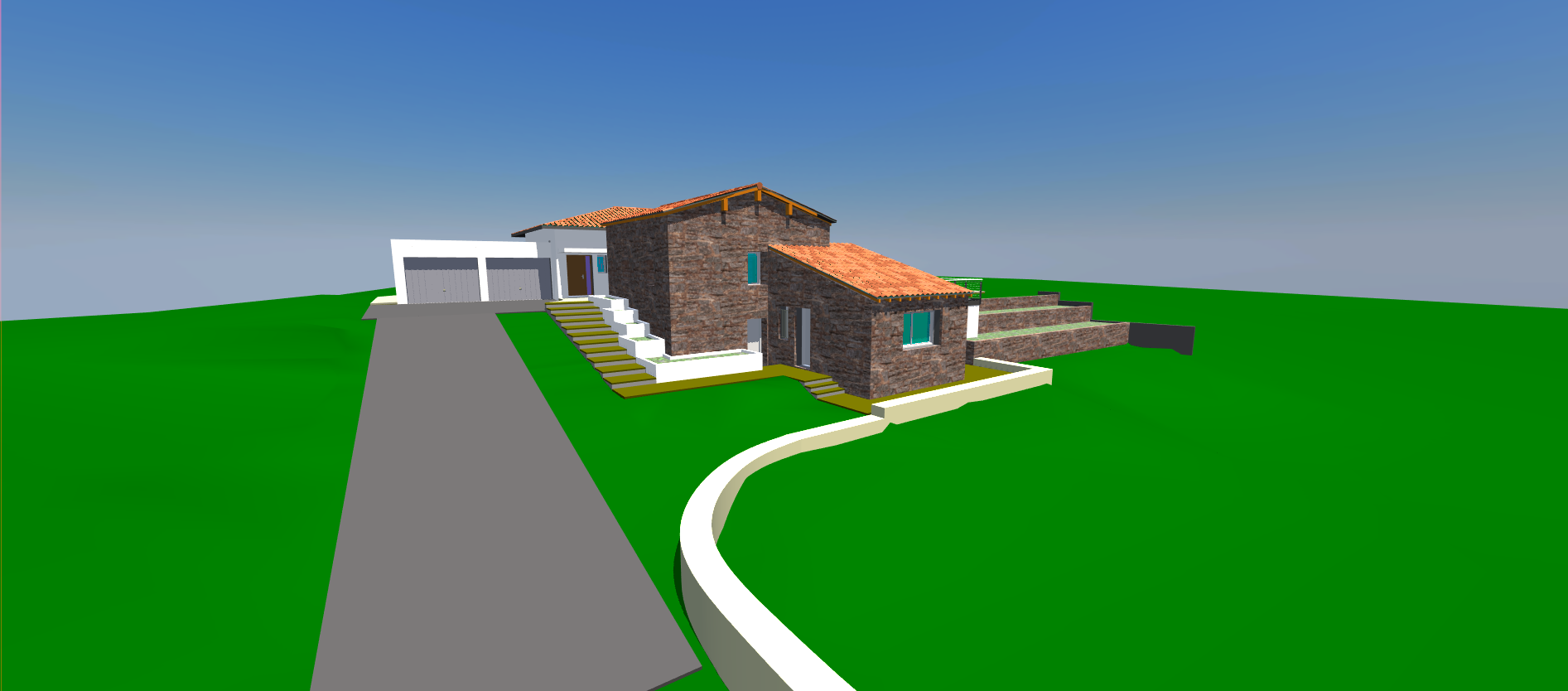Rendu 3D d'une maison moderne avec allée carrossable, allée piétonne incurvée et pelouse verte