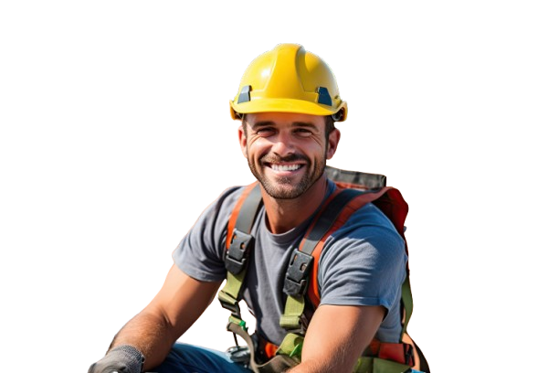Un homme souriant, utilisant un smartphone, portant une chemise en jean bleu.