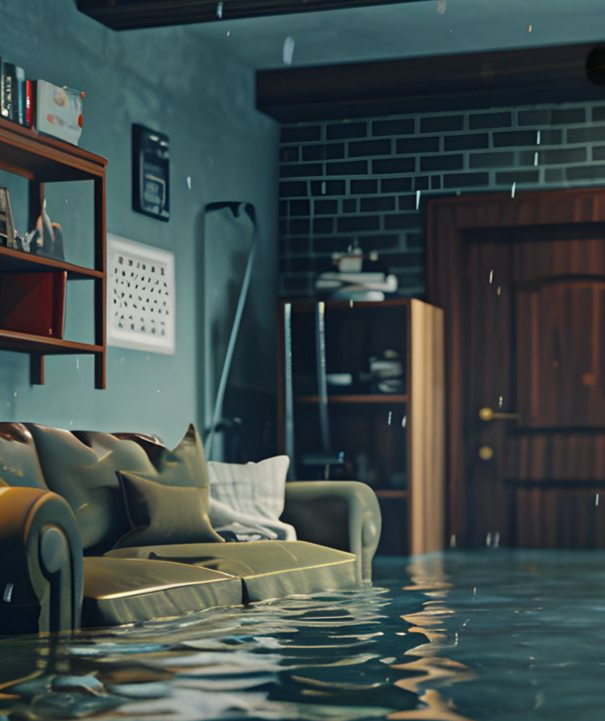 Salon inondé ; l'eau entoure le canapé, les meubles et les étagères ; porte visible, teintes bleu foncé et marron.