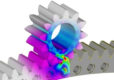Schwarzes LKW-Getriebe auf gelbem Metallständer, weisser Hintergrund.