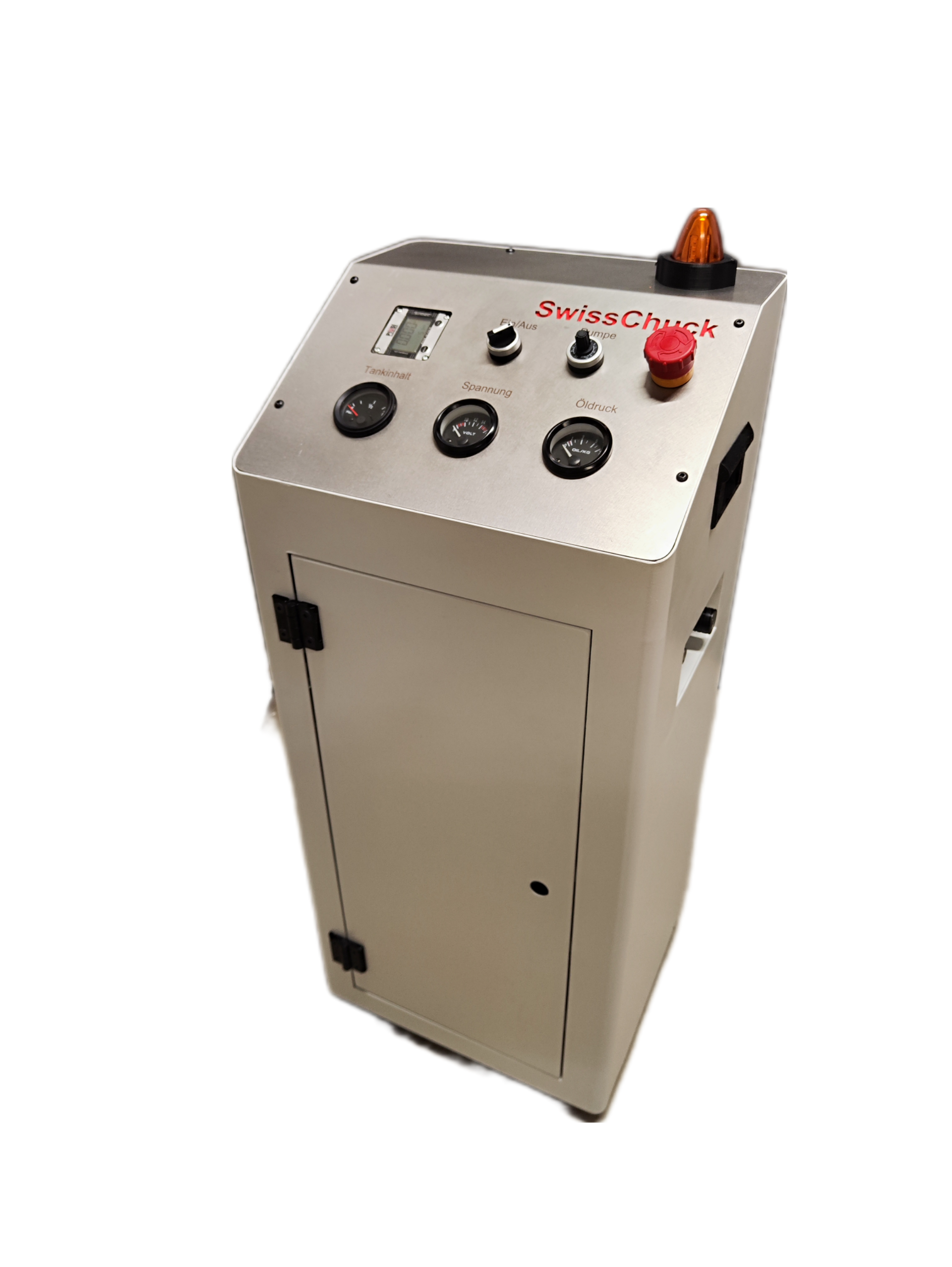 Eine fahrbare Wasserfilteranlage aus Edelstahl mit gelbem Filter und blauem Digitalanzeiger.