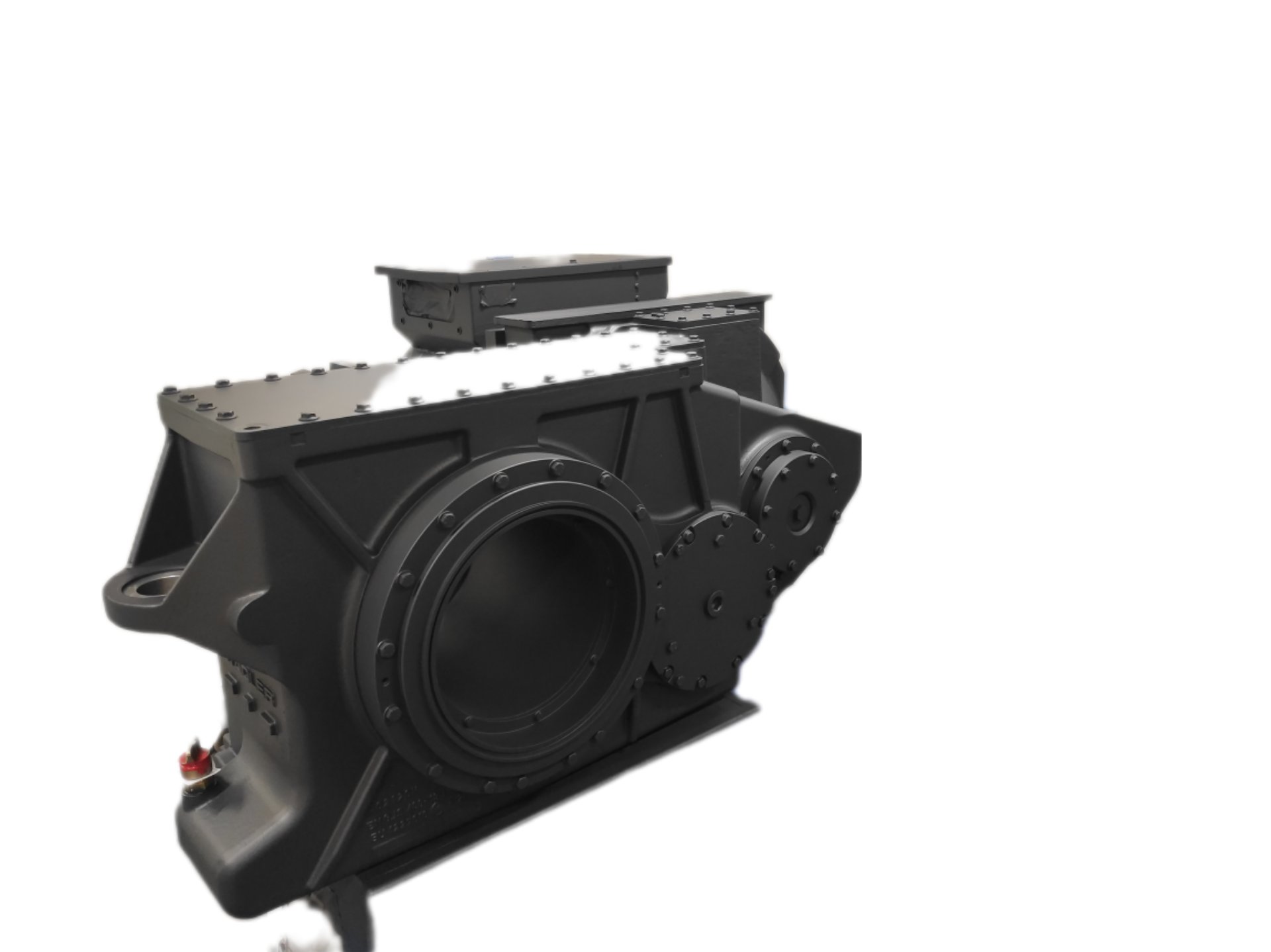 Schwarze Industriemaschine mit grosser runder Öffnung und verschraubtem Rahmen.