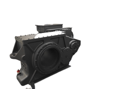 Schwarze Industriemaschine mit grosser runder Öffnung und verschraubtem Rahmen.