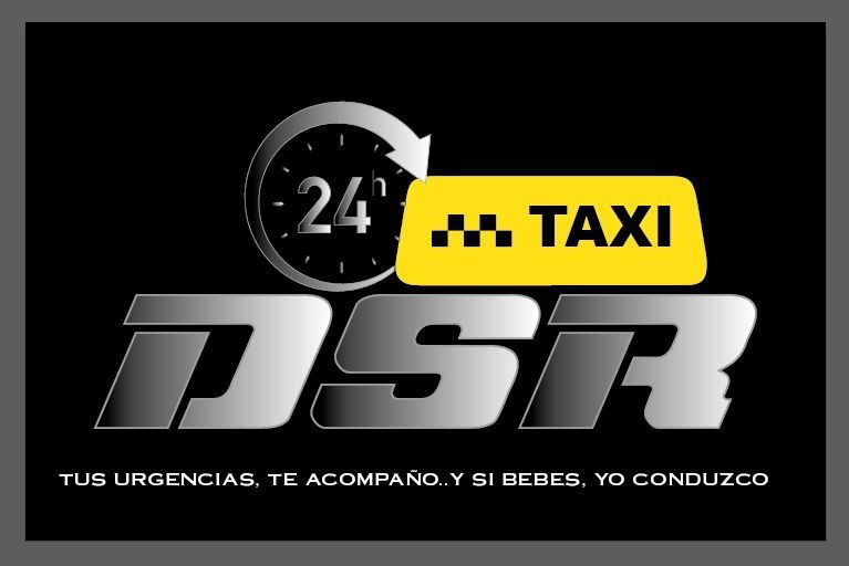 Logotipo para DSR Taxi, fondo negro, texto y reloj plateados, cartel de taxi amarillo