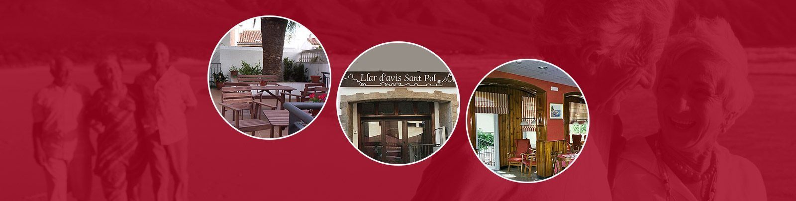Tres círculos con imágenes de edificios sobre un fondo rojo.