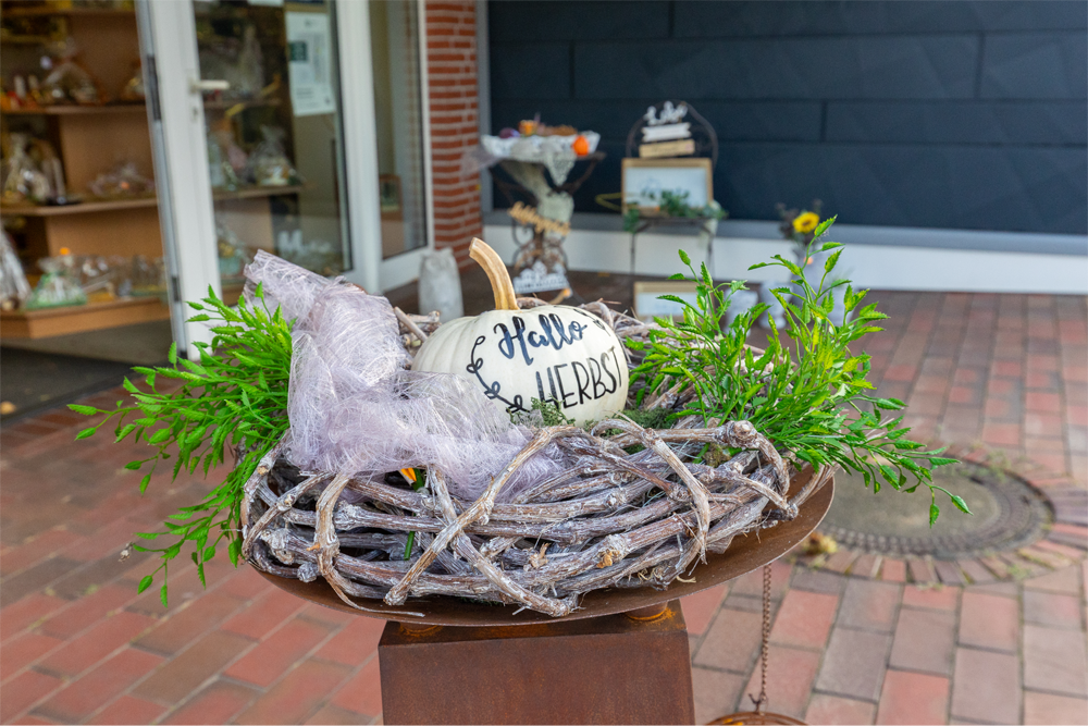 Ein weißer Kürbis liegt in einem Vogelnest auf einem Backsteingehweg.