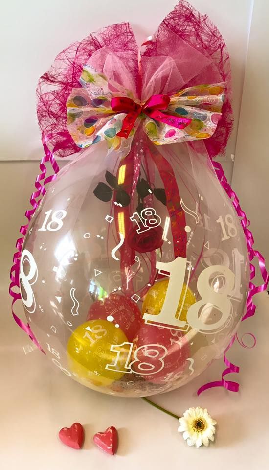 Auf einem Tisch steht ein Ballon mit der Zahl 18.