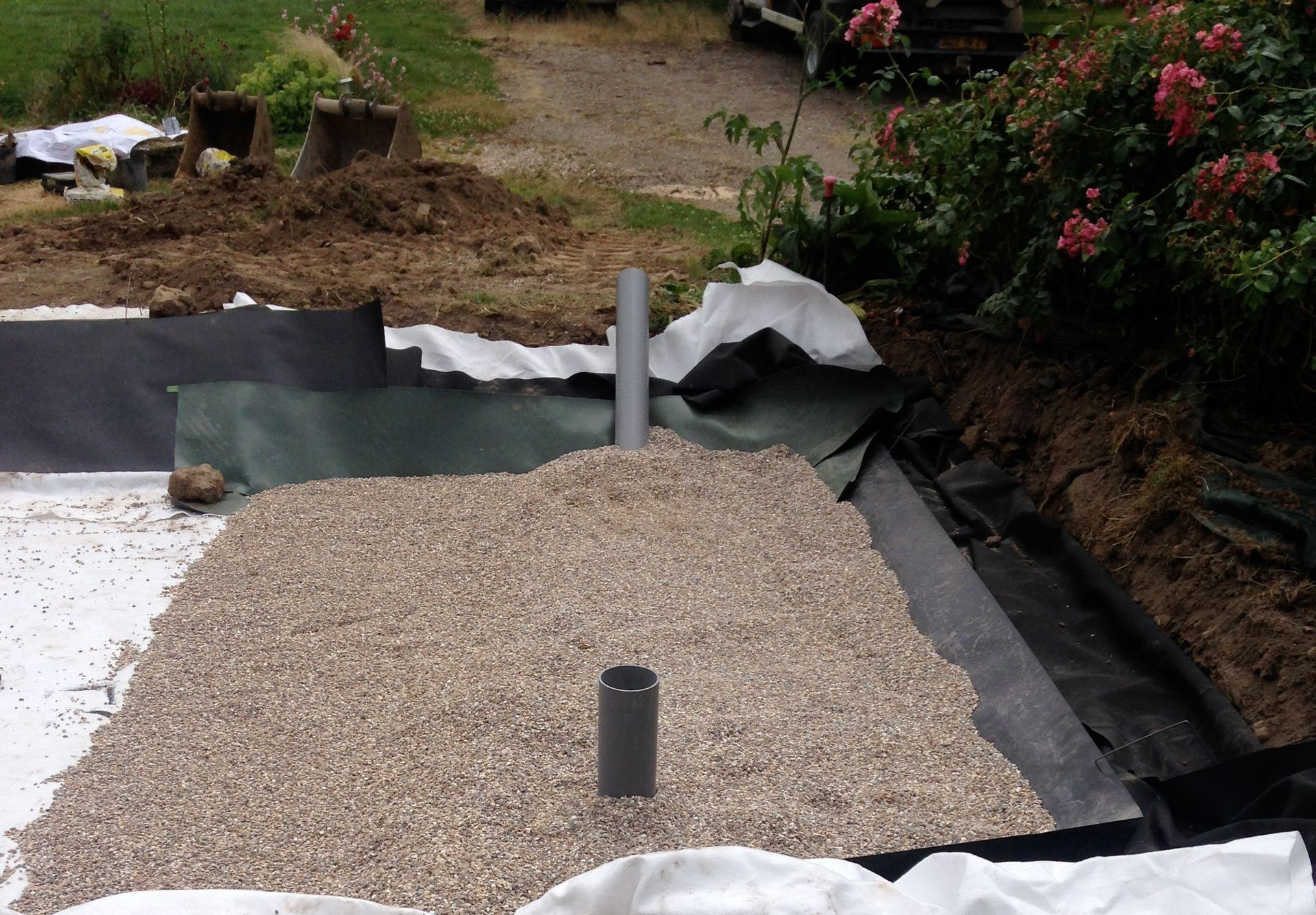 Installation d'un réseau d'assainissement dans le sol d'un jardin