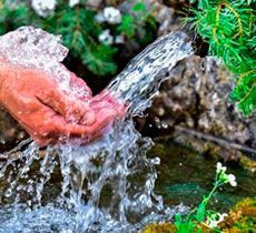 Una persona sostiene agua en sus manos de un arroyo.