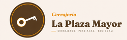Logo for Cerrajería La Plaza Mayor with a gold key icon on a brown circle