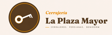 Logo for Cerrajería La Plaza Mayor with a gold key icon on a brown circle