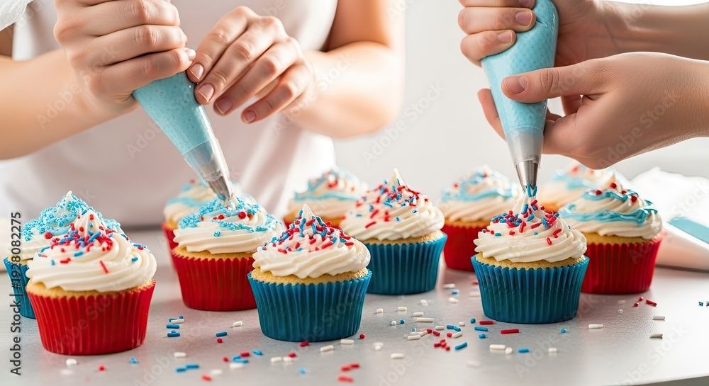 Hände spritzen blaue Glasur auf bunte Cupcakes auf einem weissen Tisch.