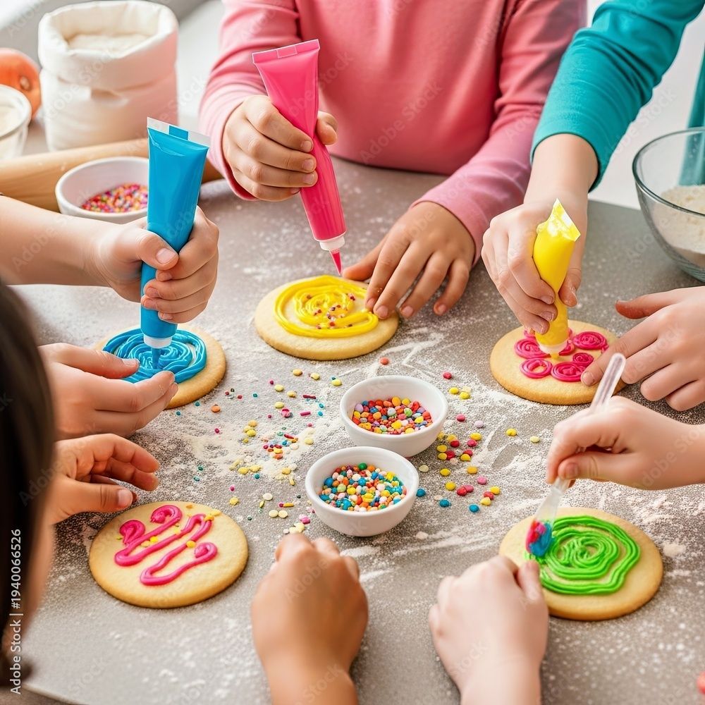 Kinder verzieren an einem Tisch Kekse mit buntem Zuckerguss und Streuseln.